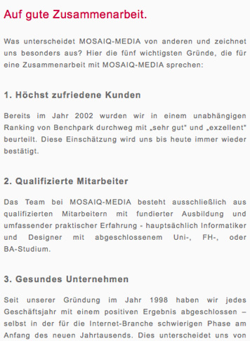 Screenshot-Detail der Website von Mosaiq Media Screenshot der Website von Mosaiq Media
